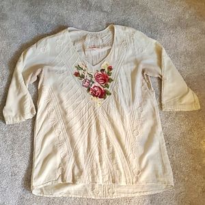 Johnny Was Cotton Embroidered Rose Cottagecore Blouse Tunic Floral